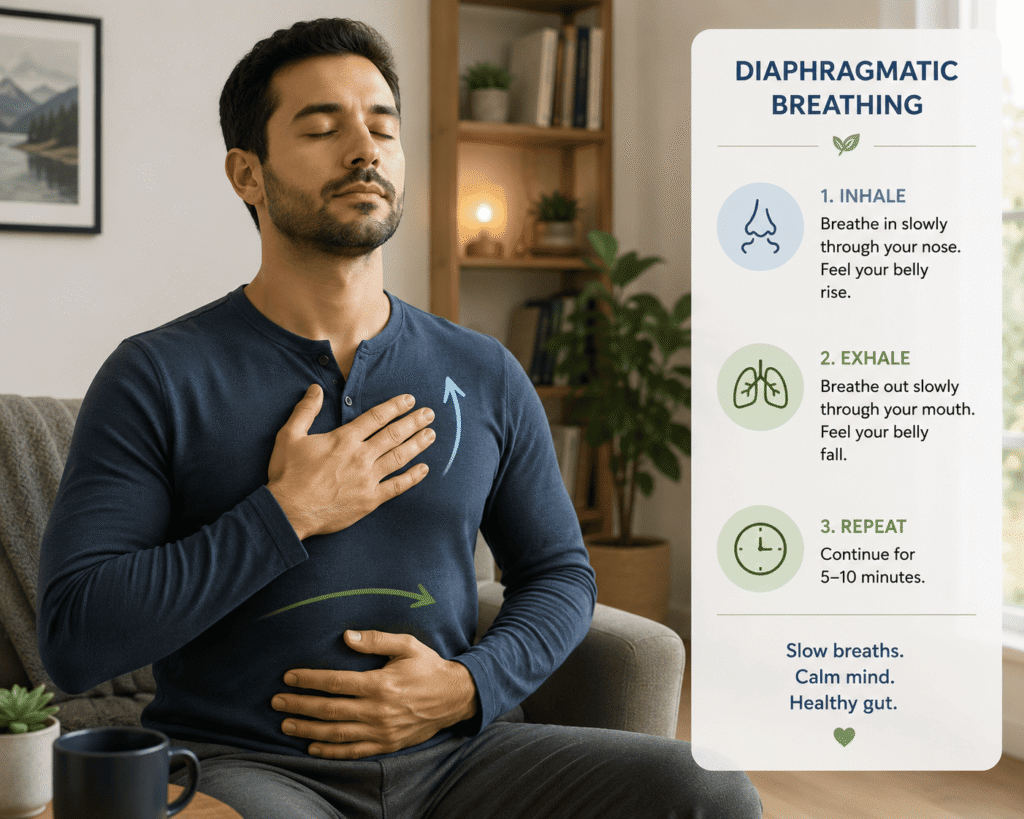 Person practicing breathing techniques to reduce how stress affects digestion