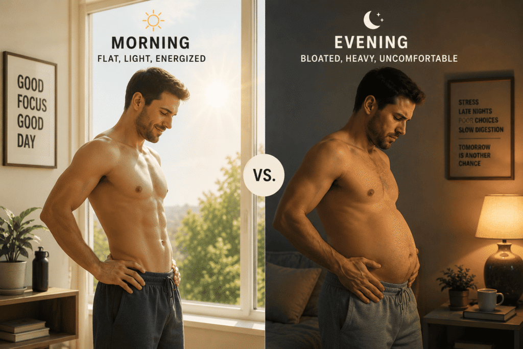 "why does bloating get worse in the evening - morning versus night comparison"
