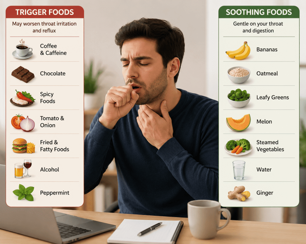 Silent reflux diet concept showing foods that trigger versus soothe LPR symptoms