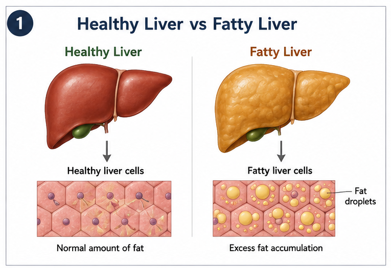diagram comparing healthy liver to fatty liver with MASLD fat accumulation