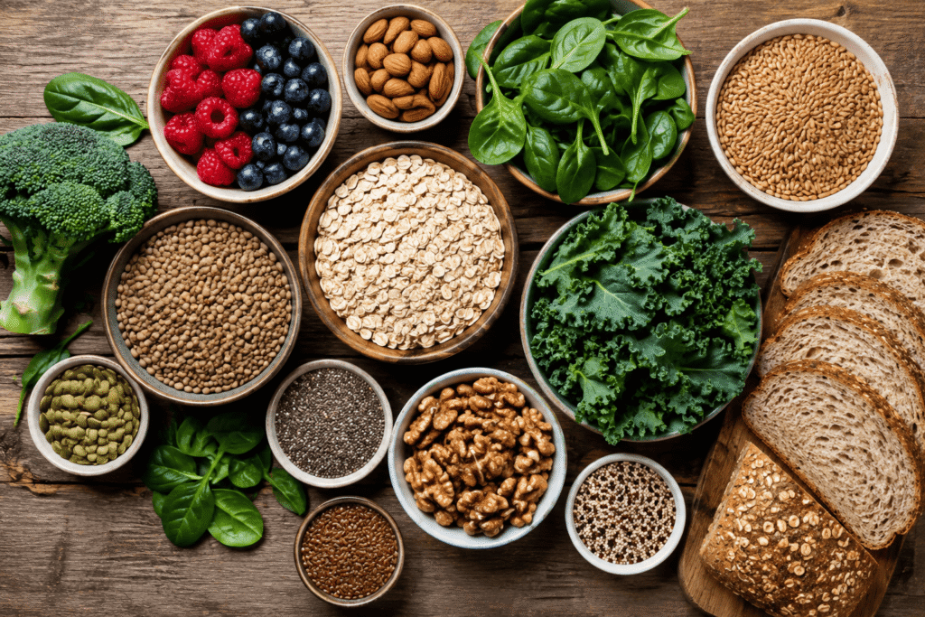 High-fiber foods including oats, lentils, leafy greens, and whole grains for managing smoldering diverticulitis