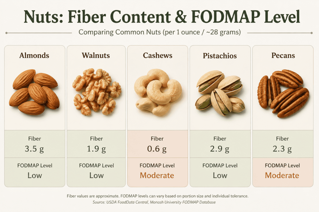 Comparison chart of fiber and FODMAP levels across nuts commonly found in mixed nut blends