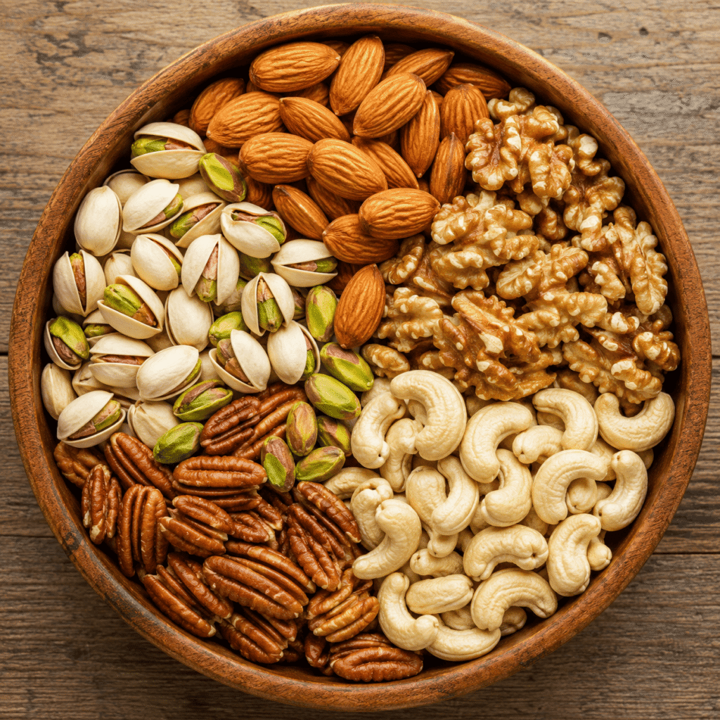 Bowl of mixed nuts, illustrating how mixed nuts and bowel movements are connected through fiber, fat, and fermentable carbohydrates