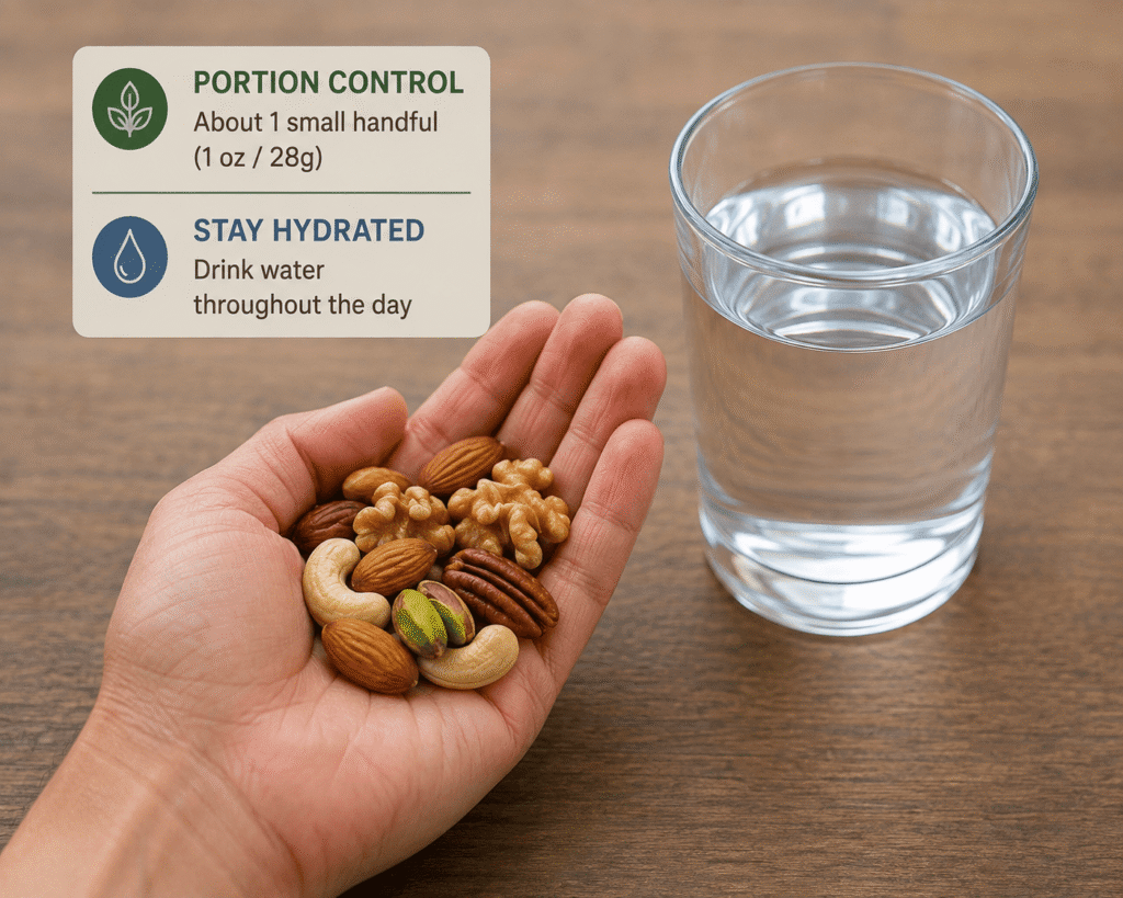 Portion-controlled handful of mixed nuts with a glass of water, illustrating how to eat mixed nuts without digestive upset