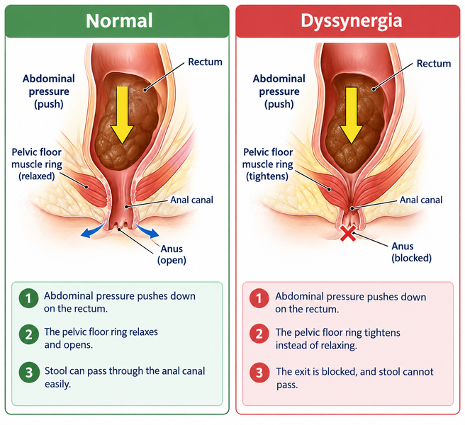 Diagram comparing normal defecation with dyssynergic defecation, a common cause of being constipated with soft stools