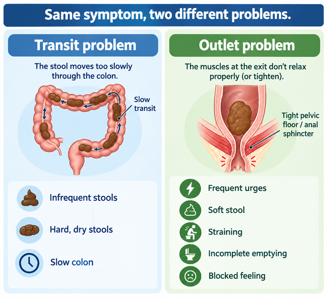 Infographic comparing slow transit constipation and outlet constipation with soft stools