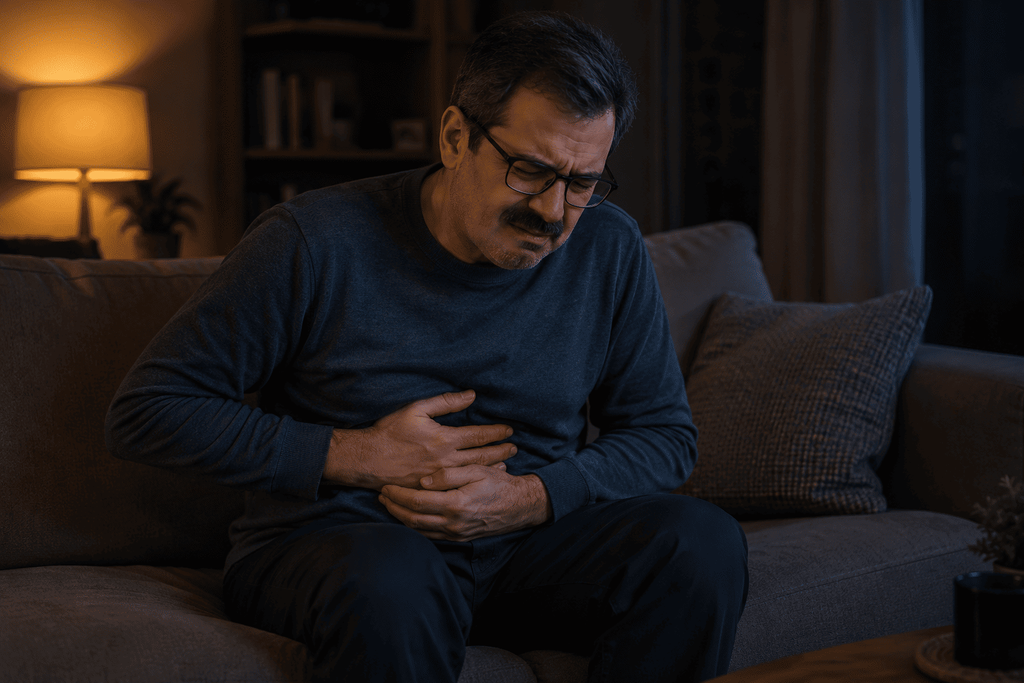 Adult experiencing an abdominal migraine attack with abdominal pain and light sensitivity